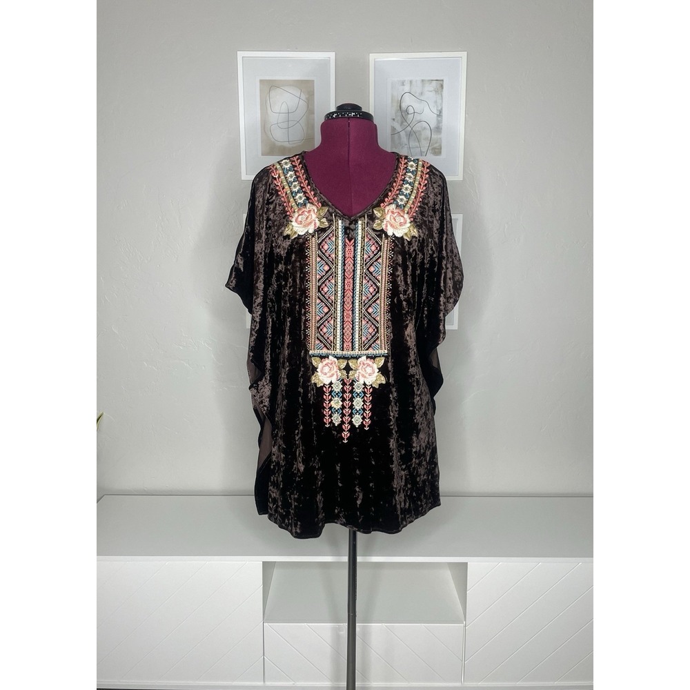 Andree by UNIT Kaftan Top Womens Medium Brown Crushed Velvet Embroidered Boho